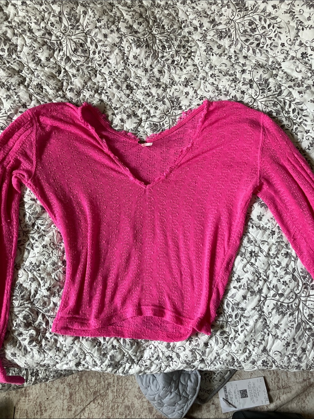 Free People V-Neck Long Sleeve Lightweight Top - Hot Pink